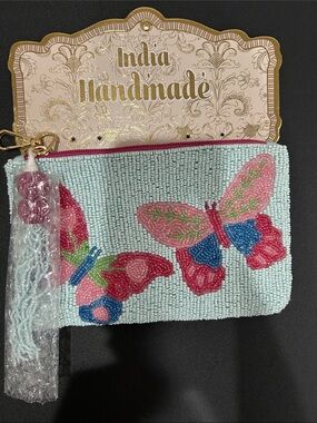 India Handmade Beaded Butterfly Pouch - Pastel Blue & Pink